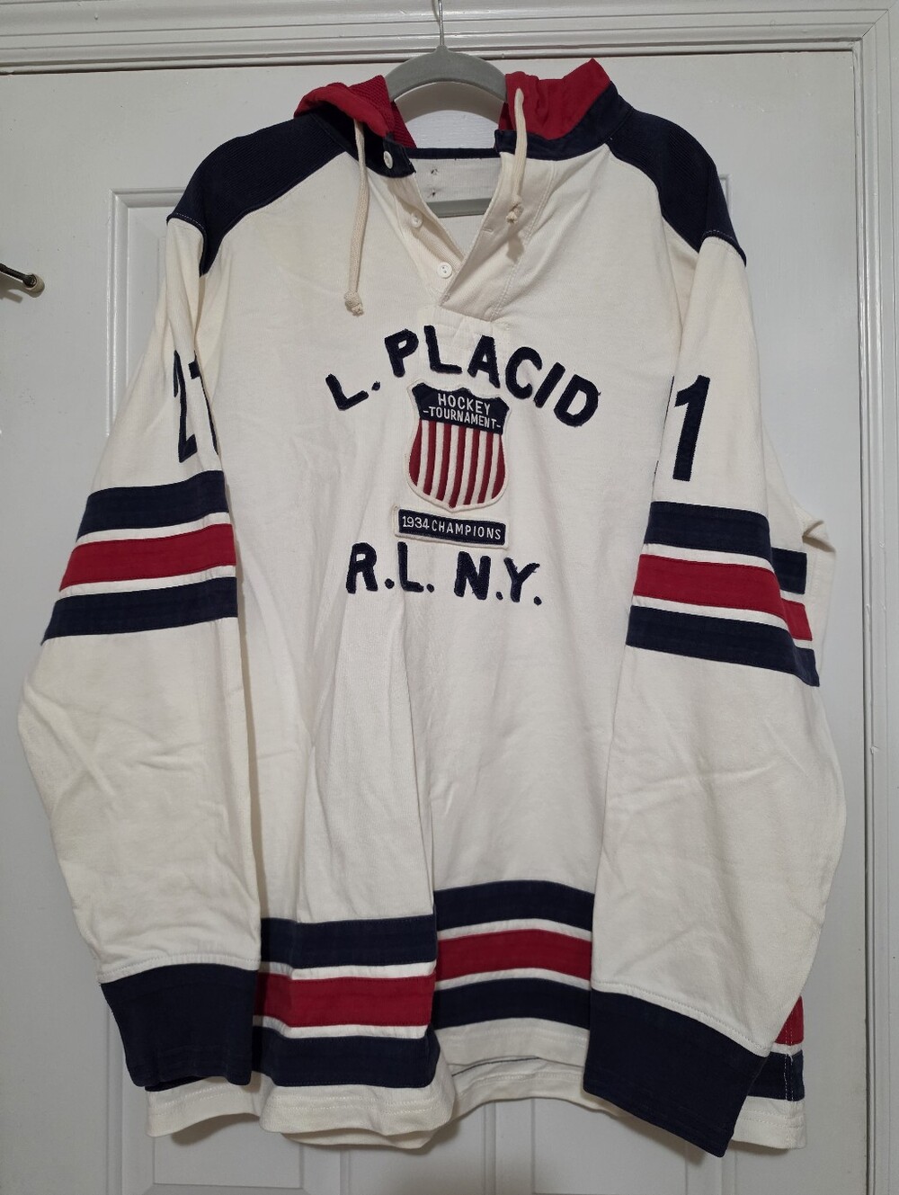 Vintage 1990s Polo Ralph Lauren "Lake Placid 1934" hockey hooded rugby jersey